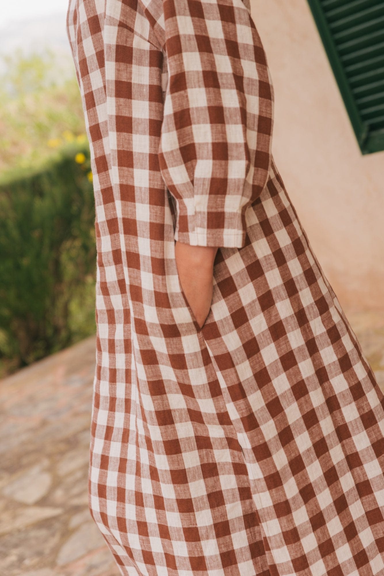 AmourLinen Linen dress L / Mocha Gingham Amalia long-length linen dress L Mocha Gingham Amalia long-length linen dress L Mocha Gingham